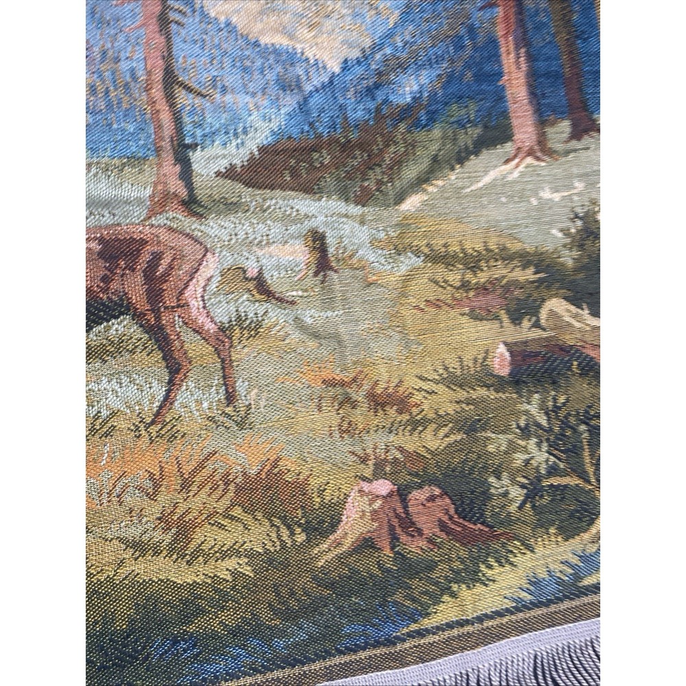 Vintage Deer Forrest Cabin Wall Hanging Tapestry 53 x 25" Hunting Scene - Picture 11 of 16